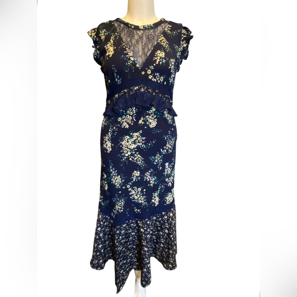 Sugarlips Floral Flutter Sleve Navy Blue Dress Women’s size L - Picture 2 of 13